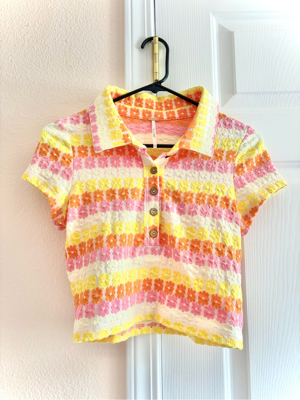 Free People Babe Town Polo Boho Floral Striped Top Small